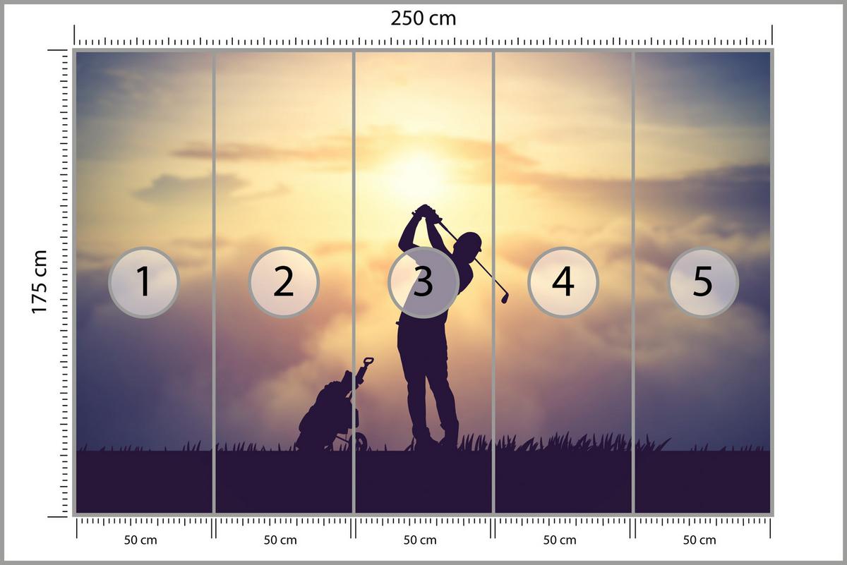 FOTOTAPETE für Jugendzimmer Golfer Sonnenuntergang Silhouette Sport 250x175 - Gelb/Violett, Papier (250/175cm) - Muralo