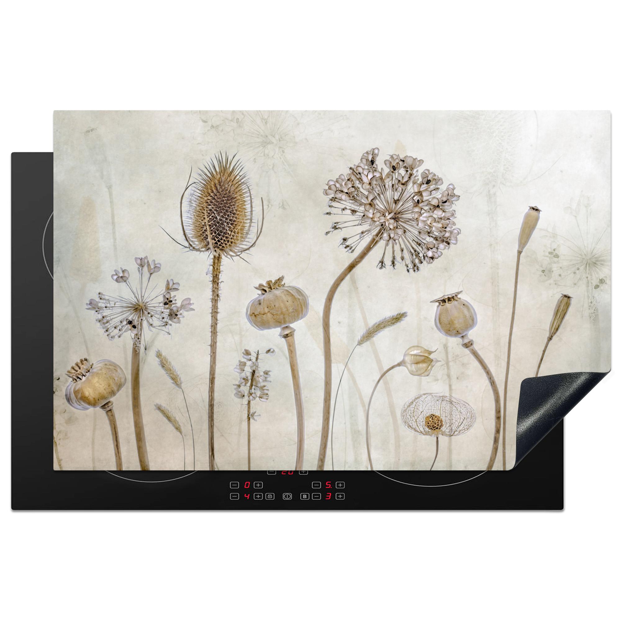 HERDABDECKPLATTE Blumen - Aquarell - Stilleben - Braun - Vintage Induktionsschutz 81.6x52.7 cm - Sandfarben, Kunststoff (81.6/52.7/0.2cm) - MuchoWow