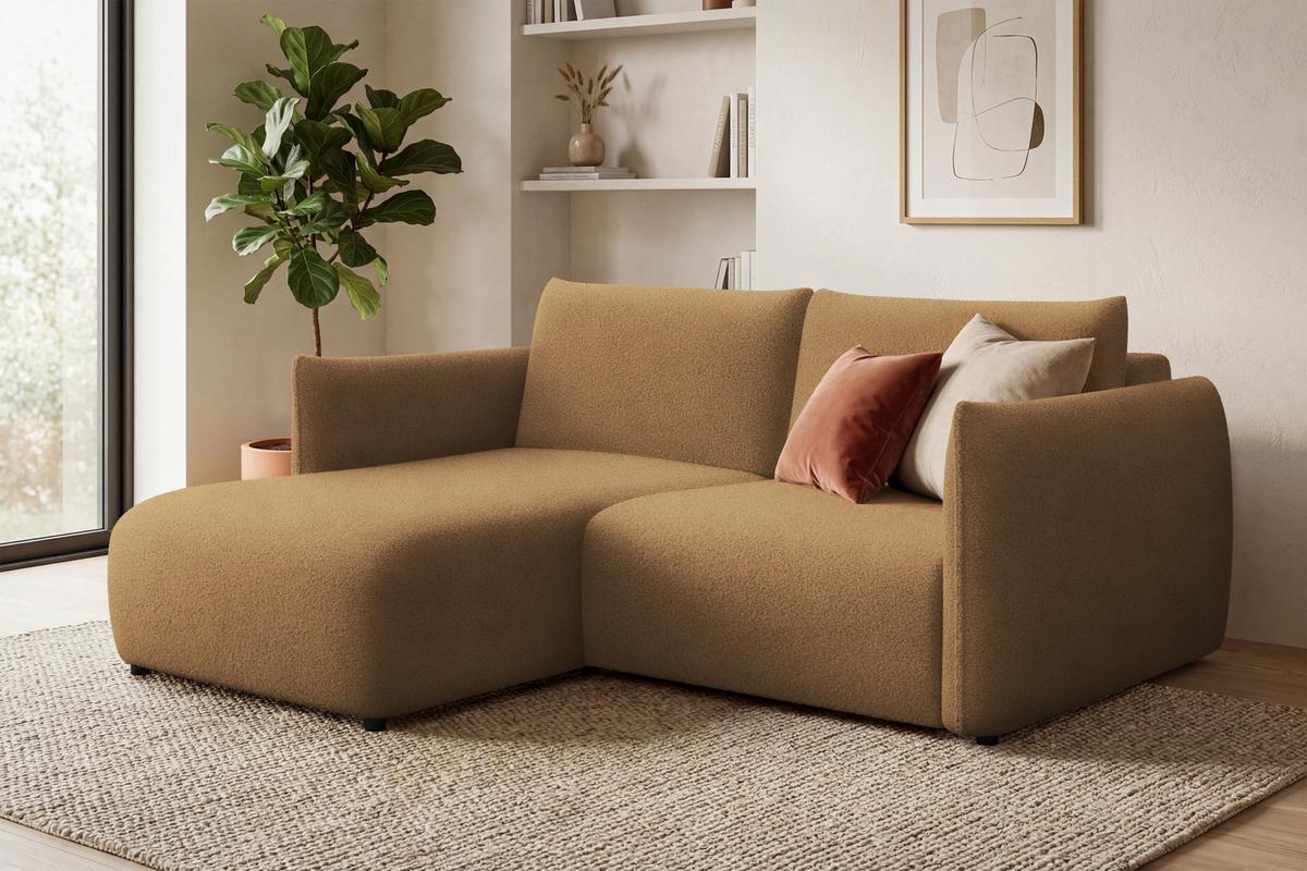 ECKSOFA TAUER 3-Sitzer LINKS, Bouclé-Stoff braun - Schwarz/Braun, Holz/Textil (173/206cm) - Courtois Laville