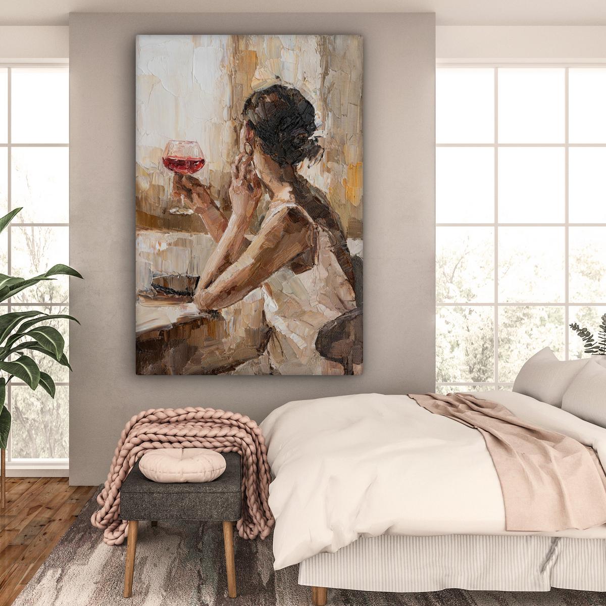 LEINWANDBILD Ölgemälde - Frau - Wein Deko Groß 90x140 cm - Hellbraun, Textil (90/140cm) - MuchoWow