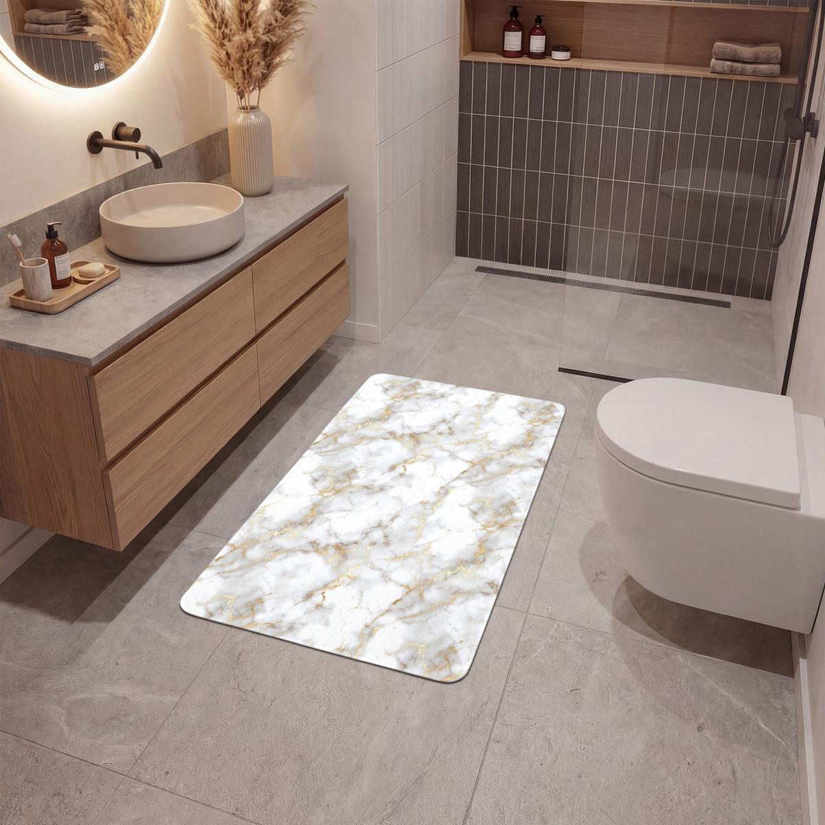 BADEMATTE Goldene Adern - Marmor - Weiß 60x90 cm - Weiß, Textil (60/90cm) - OnlyWow