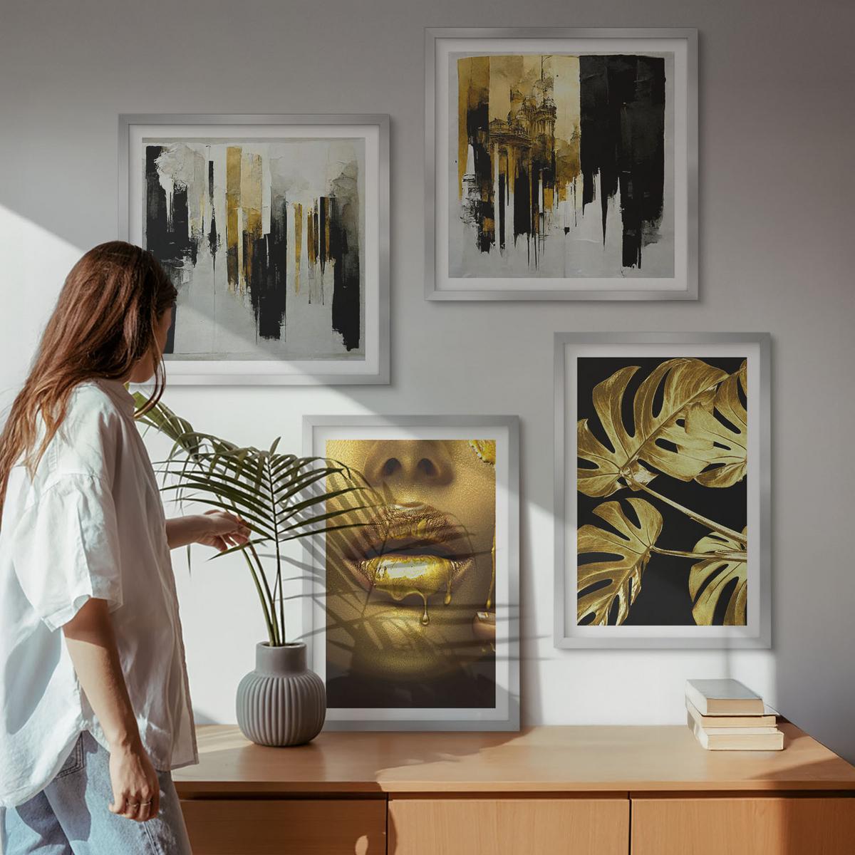 BILDER SET 4er Set - 50x50 cm & 40x60 cm Silberner Rahmen - Abstrakte Blattmalerei - Silberfarben, Kunststoff (50/50cm) - TULUP