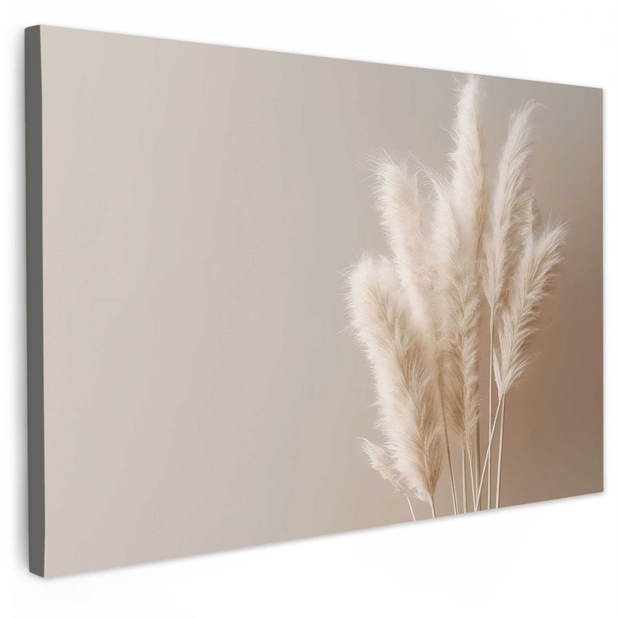 LEINWANDBILD Pampasgras - Federn - Pastell - Weiß Wohnzimmer Groß 120x80 cm - Naturfarben, Textil (120/80cm) - MuchoWow