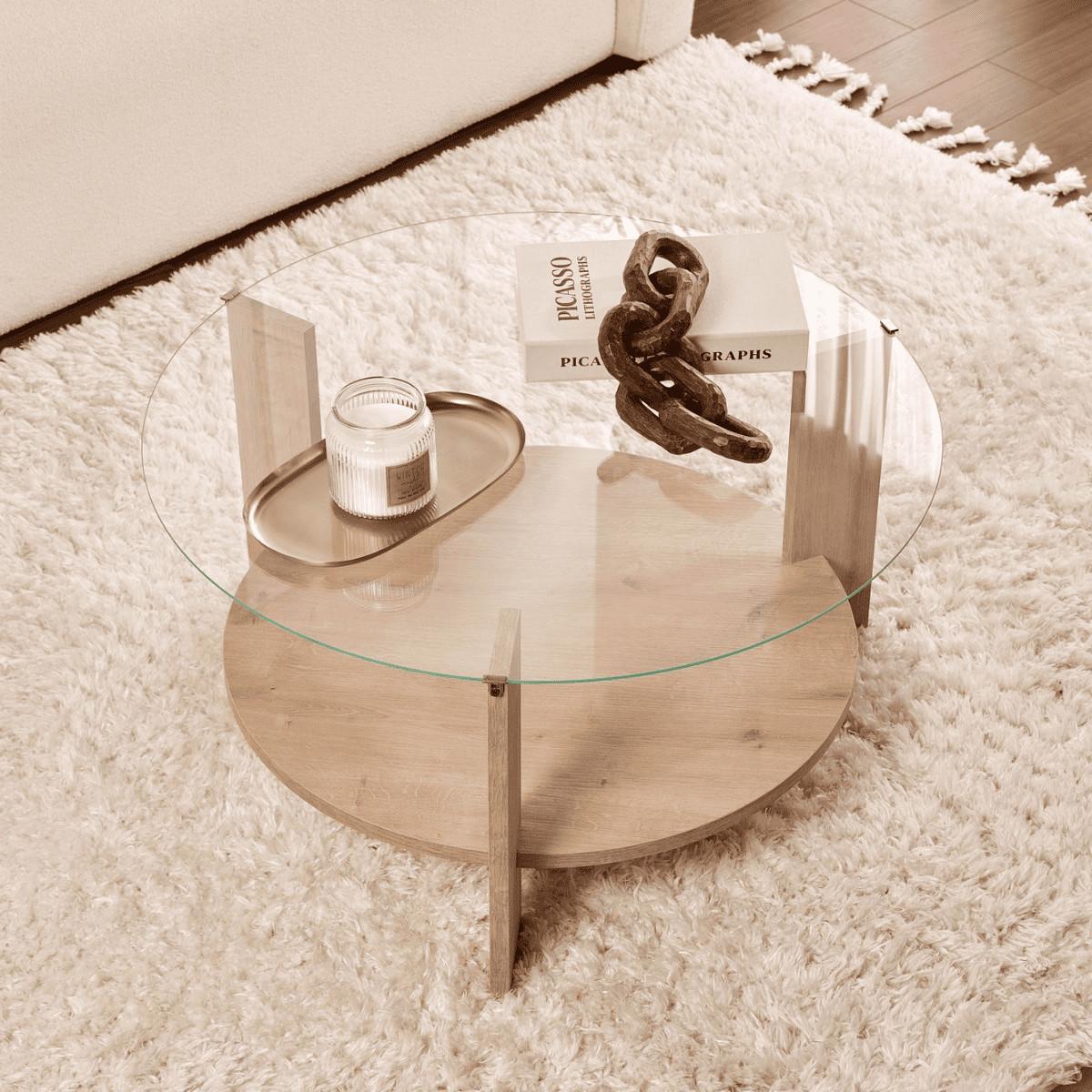 COUCHTISCH mit 2 Platten, davon eine aus gehärtetem Glas 75/75/40 cm - Eichefarben, Holzwerkstoff (7.5/75/40cm) - Calicosy
