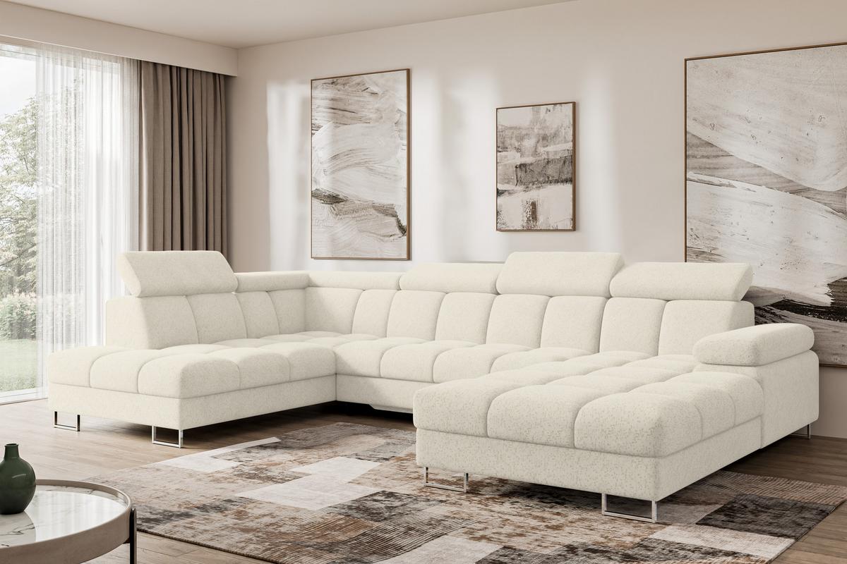 WOHNLANDSCHAFT mit Schlaffunktion und Bettkasten Ottomane Links COMA U 345x203x79 Creme Velours - Creme, Holzwerkstoff/Textil (345/79/203cm) - ALTDECOR