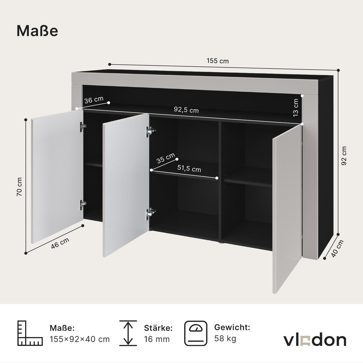 SIDEBOARD Valencia Eiche sägerau / Eiche sägerau - Eiche San Remo, Holzwerkstoff (155/92/40cm) - Vladon