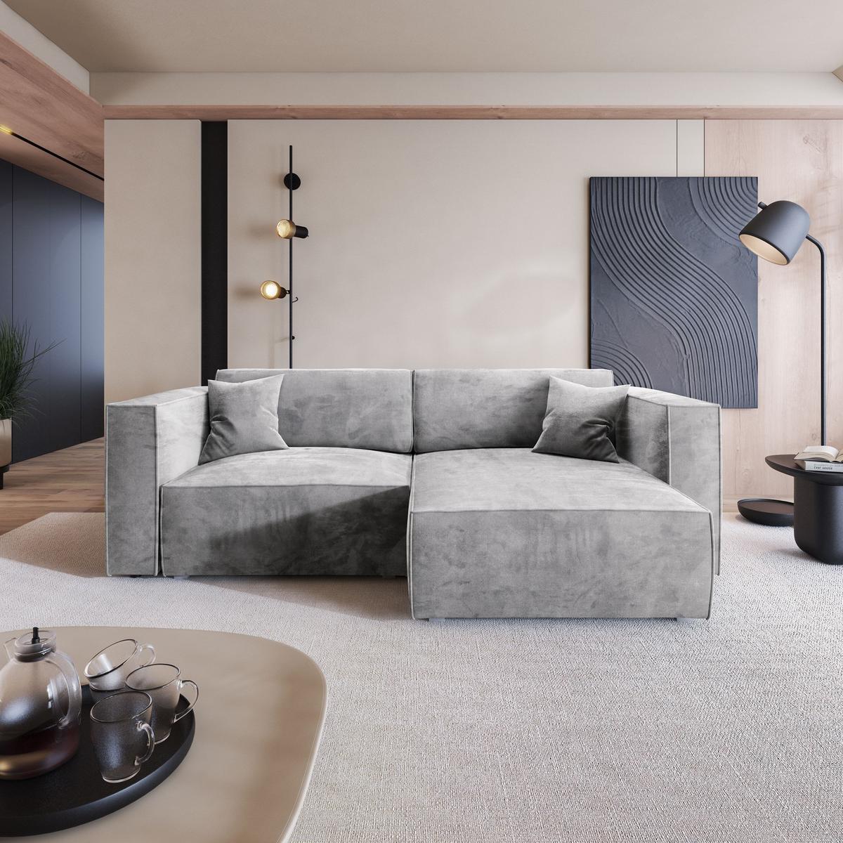 ECKSOFA NERIO M Hellgrau Velours-Stoff mit Schlaffunktion - Hellgrau/Grau, Holz/Kunststoff (245/148cm) - MASSENO