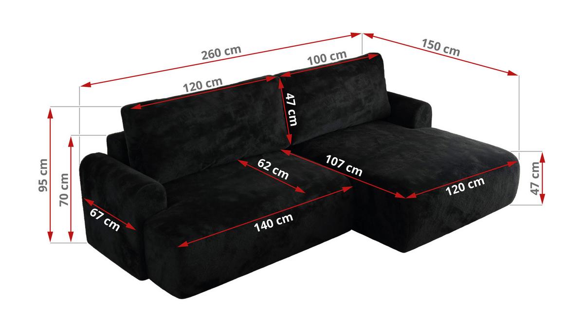 ECKSCHLAFSOFA TONO L Schwarz Plüsch - links - Schwarz, Kunststoff/Textil (260/150cm) - MKS