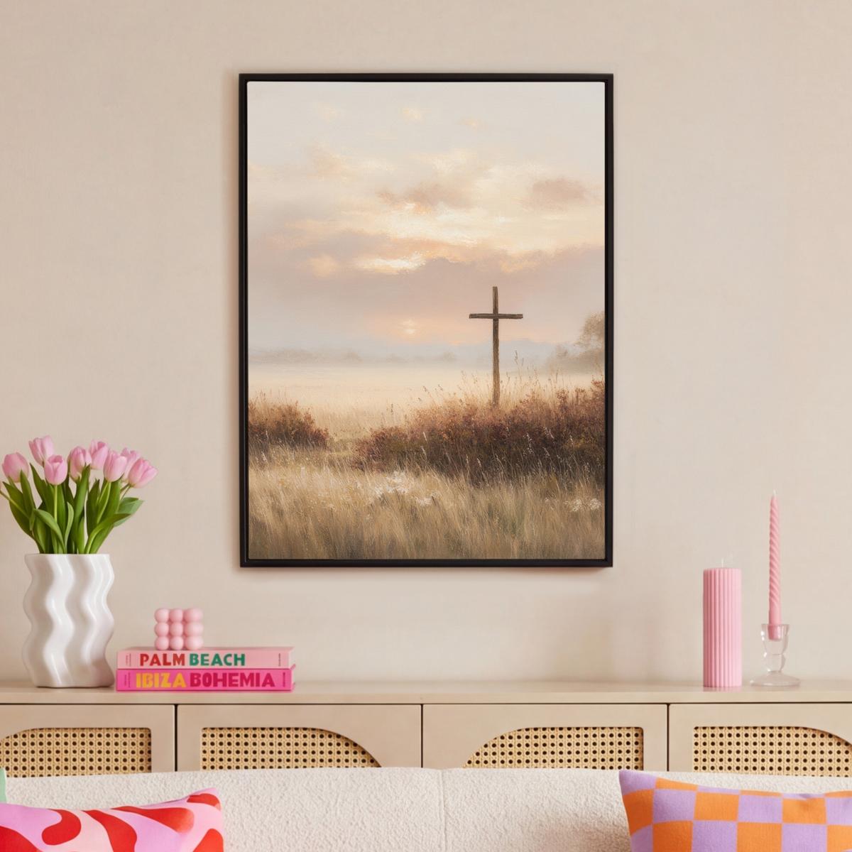 LEINWAND Bilder mit Rahmen - Gras - Morgennebel - Kreuz - Christentum - 70x100 - Beige, Textil (70/100cm) - MuchoWow