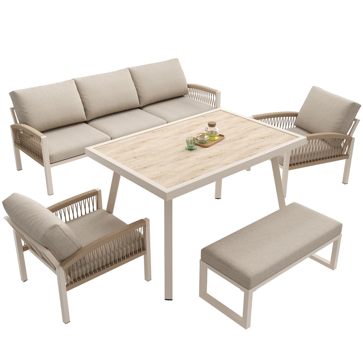LOUNGEGARNITUR 7-tlg. Eisen Beige Gartensofa mit Tisch, Sesseln & Bank - Beige, Metall - Urban Meuble