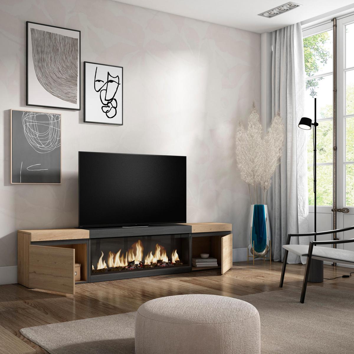 LOWBOARD, Tv-Schrank, mit Elektrokamin XXL, Eiche, Schwarz, 208/35/45cm - Eichefarben/Multicolor, Holzwerkstoff (208/45/35cm) - Skraut Home