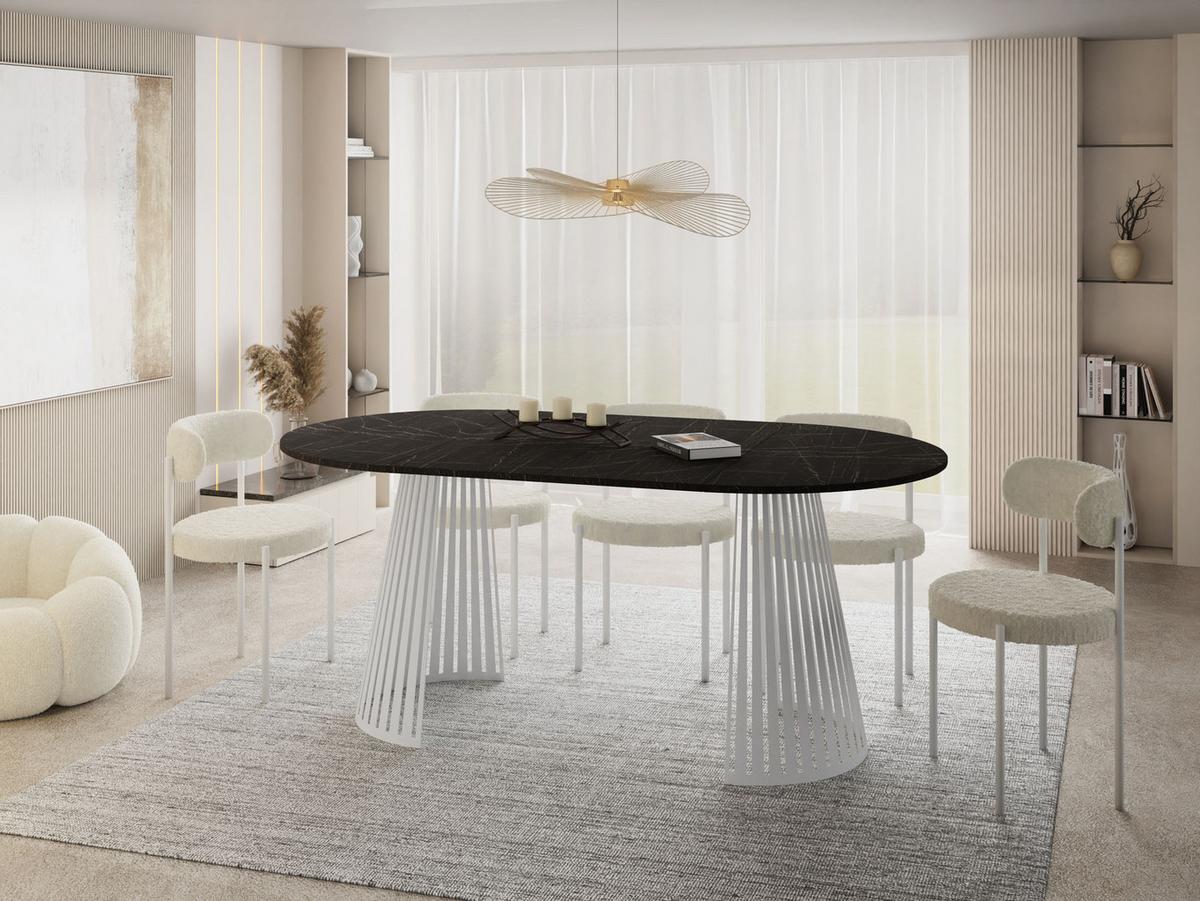 ESSTISCH Naro rund ausziehbar mit Weißem Lamellen-Metallgestell, Marmor Schwarz 120-200/120/76 cm - Anthrazit/Weiß, Holzwerkstoff/Metall (120/196/76cm) - WFL GROUP