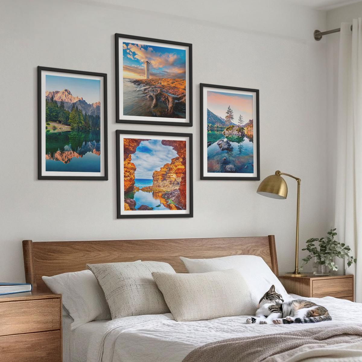 BILDER SET 4er Set - 50x50 cm & 40x60 cm Schwarzer Rahmen - Spiegelung der Felsen in Bergseen - Schwarz, Kunststoff (50/50cm) - TULUP