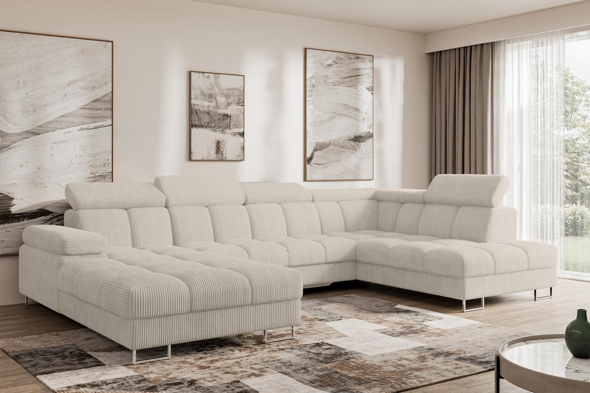 WOHNLANDSCHAFT mit Schlaffunktion und Bettkasten Ottomane RECHTS COMA U 345x203x79 Beige Cord - Beige, Holzwerkstoff/Textil (203/79/345cm) - ALTDECOR