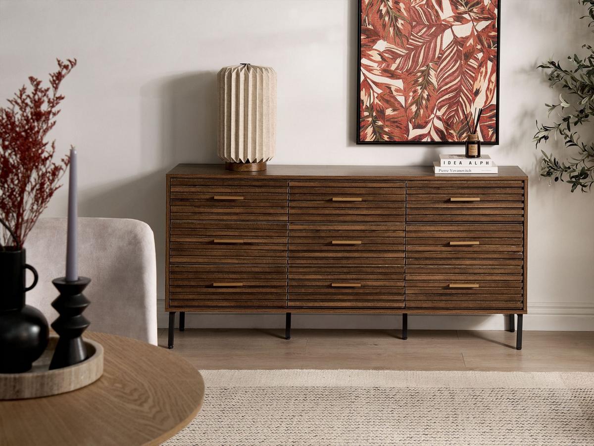 KOMMODE mit 9 Schubladen Dunkelbraun Keith - Dunkelbraun, Holzwerkstoff (150/73/35cm) - Beliani