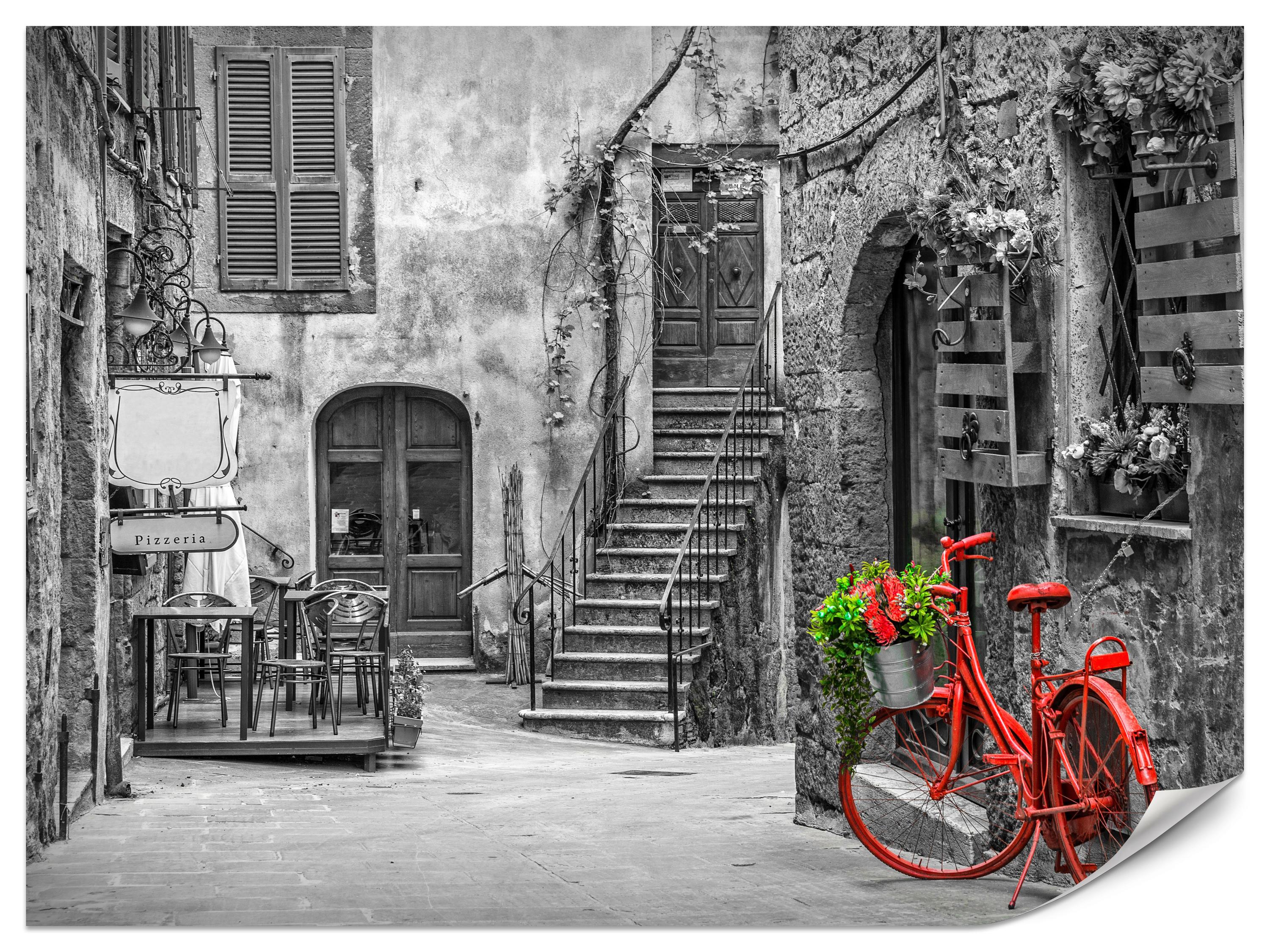 FOTOTAPETE für Wohnzimmer Italienische Gasse Rotes Fahrrad Toskana 400x280 - Rot/Schwarz, Papier (400/280cm) - Muralo
