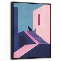 LEINWAND Bilder mit Rahmen - Katze - Treppe - Gebäude - Schattenkontraste - 30x40 - Dunkelblau, Textil (30/40cm) - MuchoWow