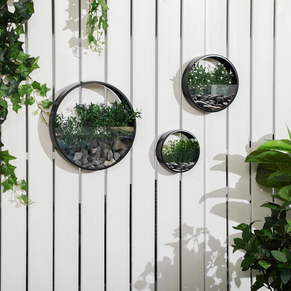 3ER-SET Blumentöpfe, Wand-Pflanzgefäß, Pflanzenbehälter für Garten Stahl Schwarz - Schwarz, Metall (5cm) - Outsunny