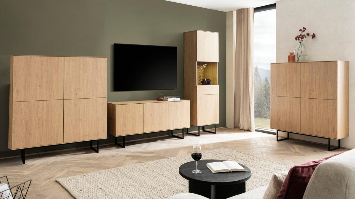 WOHNWAND Stone Eiche 3-teilig 353 cm, Wohnkombination mit Push-to-Open - Eichefarben/Schwarz, Holzwerkstoff/Metall (353/200/40cm) - Furn.Design