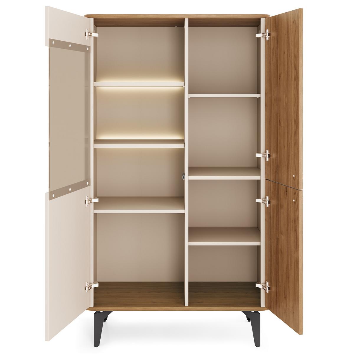 VITRINE Aurora Glasschrank mit Metallbeine, mit LED-Beleuchtung, Nussbaum+Kaschmir - Kaschmir/Nussbaumfarben, Holzwerkstoff/Metall (88/190/40cm) - Beautysofa