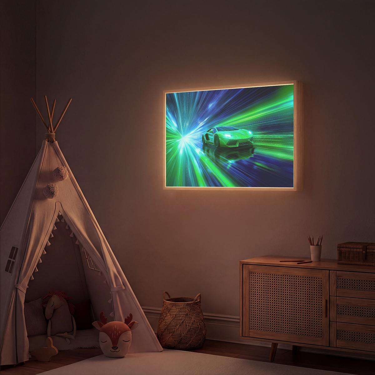 WANDLEUCHTE MIT AKKU Geschwindigkeit - Leicht - Sportwagen - Grün 100x70 cm - Grün, Holzwerkstoff (100/70/8cm) - OnlyWow