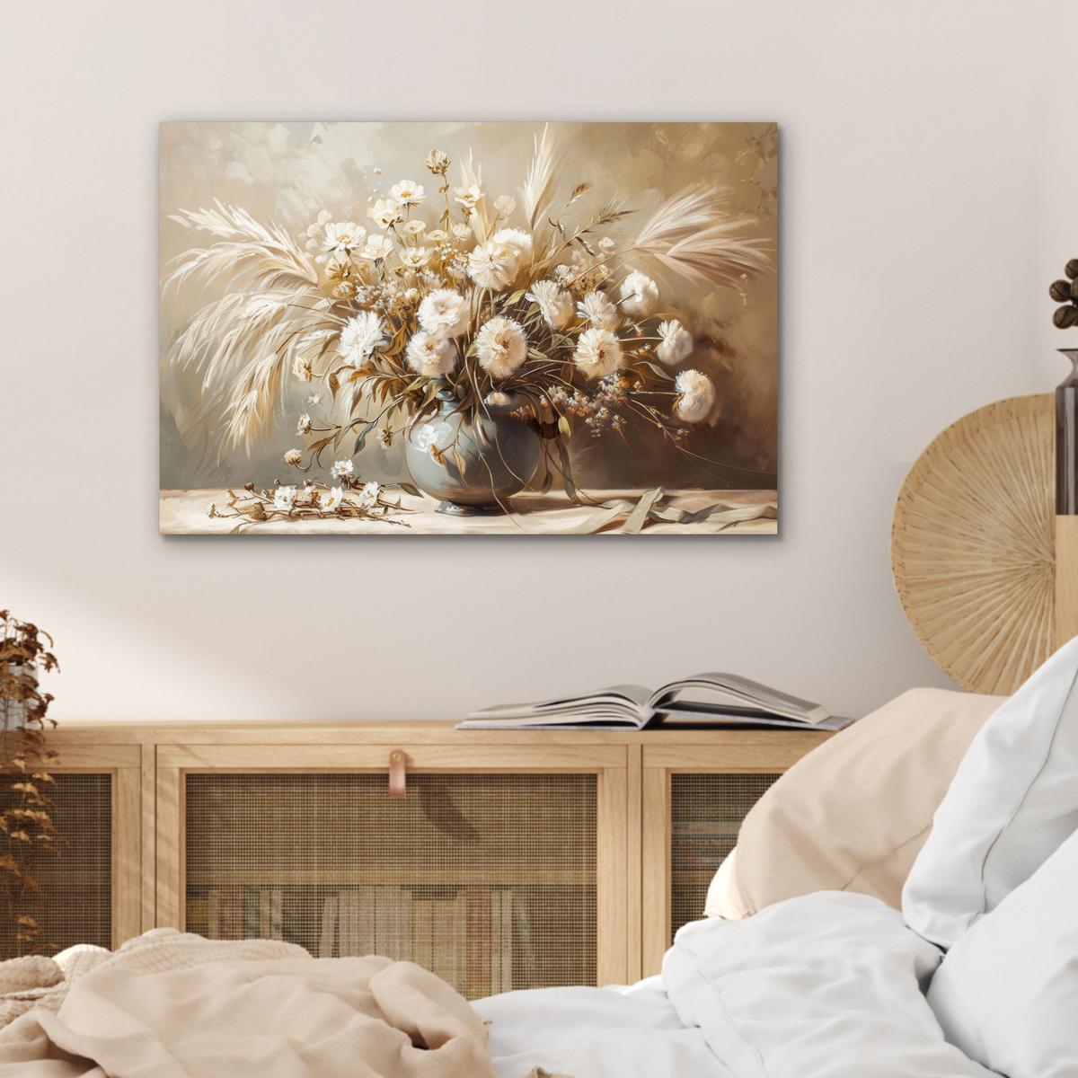 METALLBILD Blumen - Vase - Stilleben - Beige Wandbild 60x40 cm - Creme, Metall (60/40cm) - MuchoWow