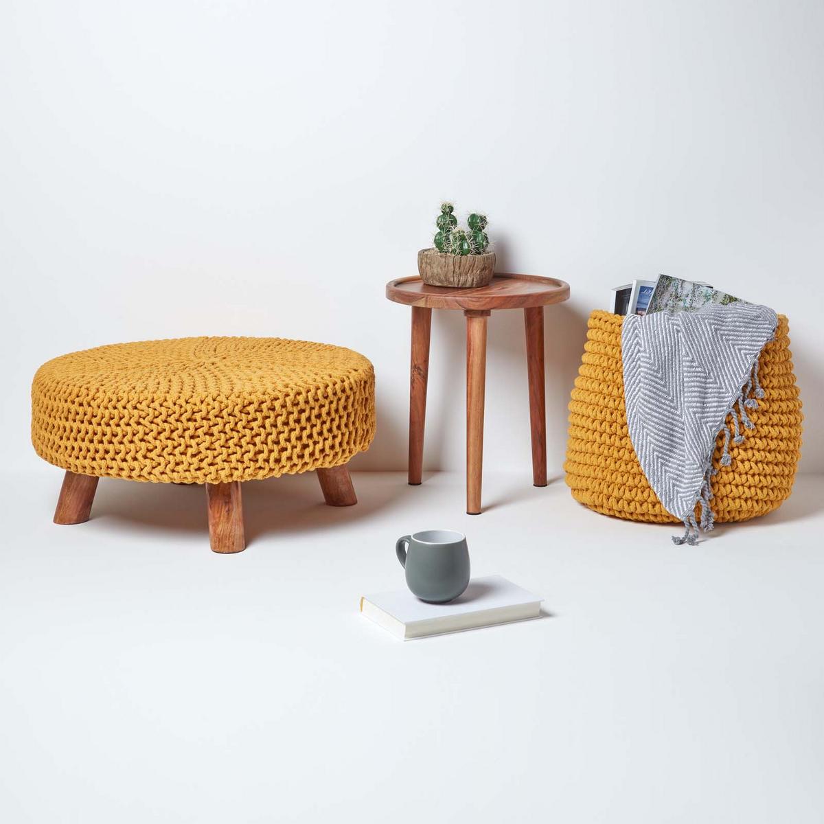 STRICK-HOCKER senfgelb, rund 62/62/30 cm - Currygelb, Textil (62/30/62cm) - Homescapes