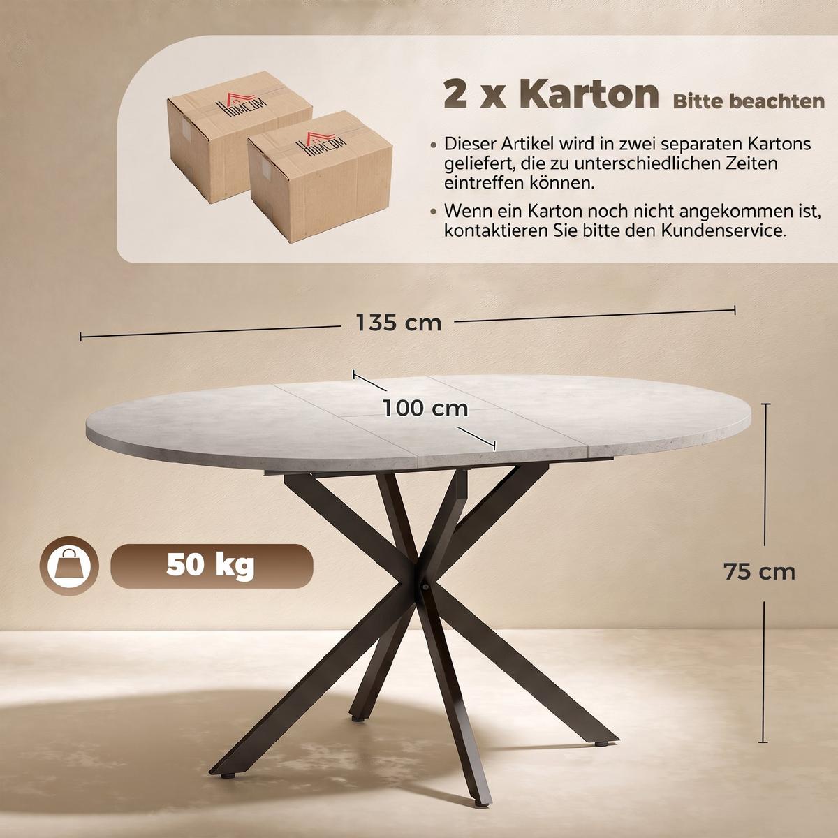 AUSZIEHBARER-ESSTISCH MDF Stahl Grau - Schwarz/Grau, Holzwerkstoff/Metall (135/100/75cm) - HOMCOM