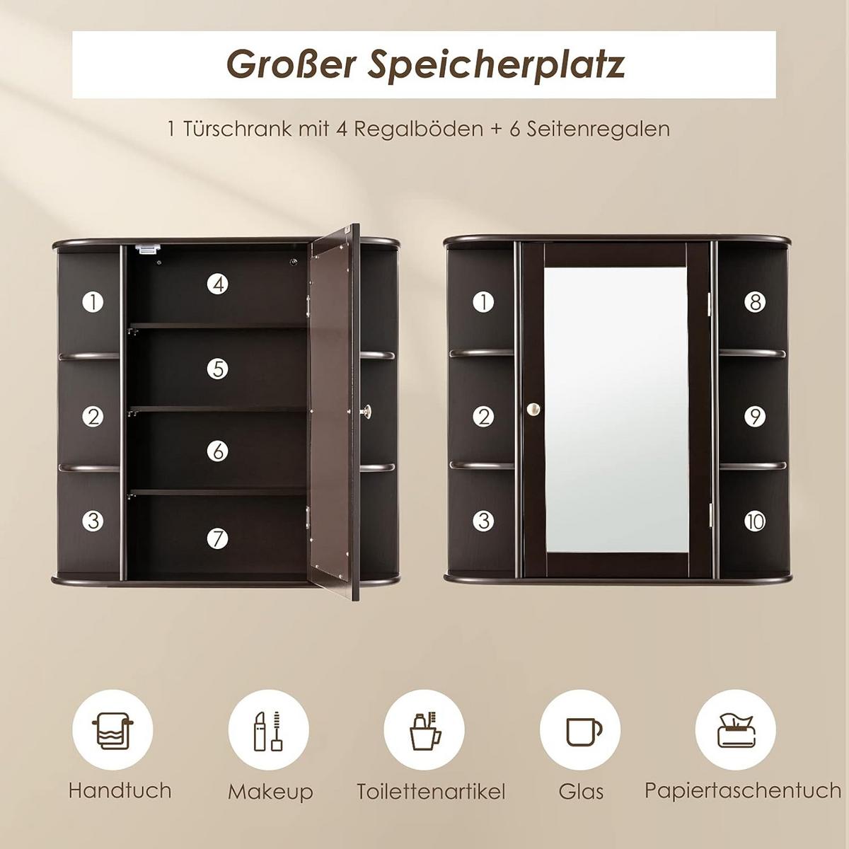 SPIEGELSCHRANK Badezimmerspiegel Braun - Braun, Holz (65/63/17cm) - COSTWAY