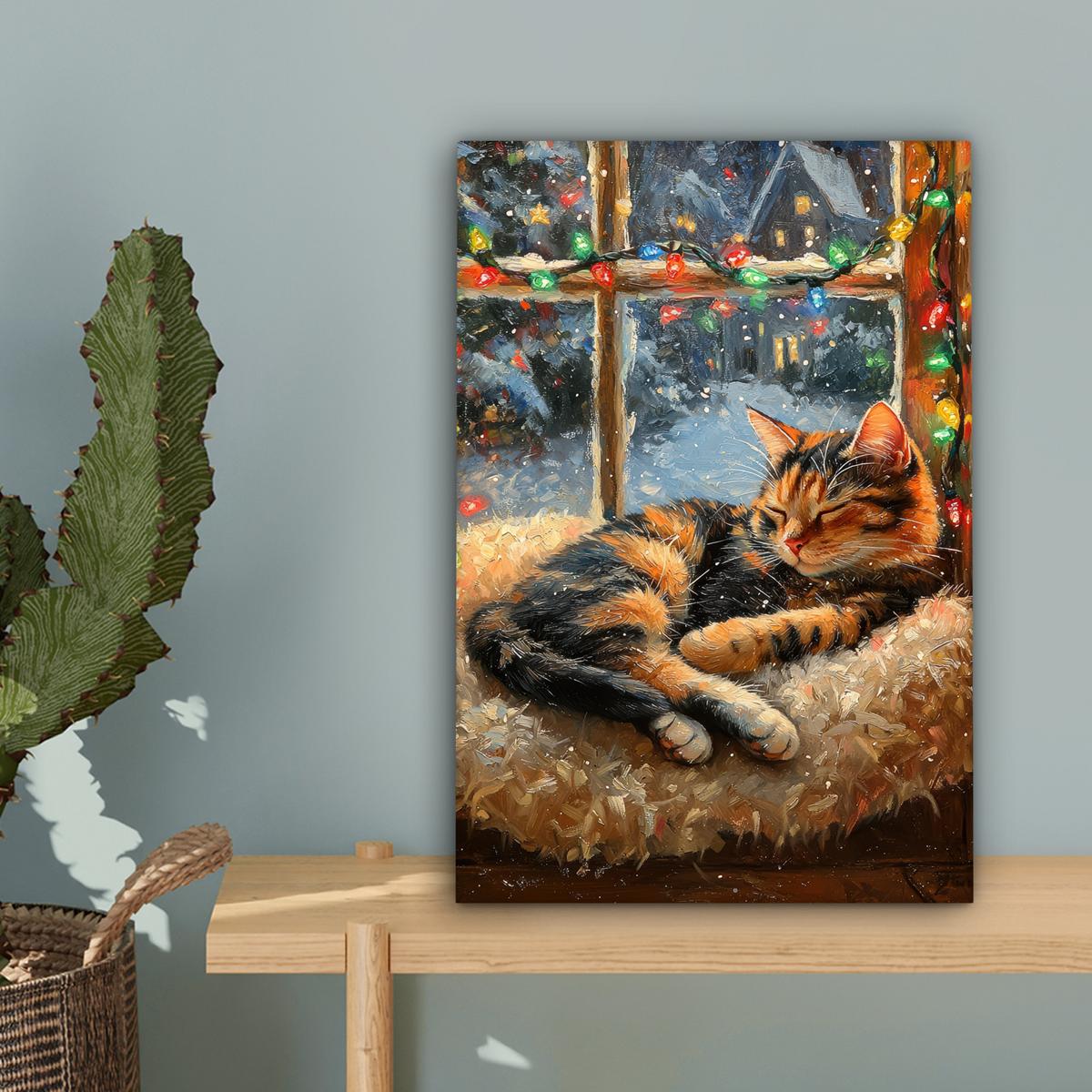 LEINWANDBILD Katze - Weihnachten - Winter - Tier Deko Wohnzimmer 20x30 cm - Bernsteinfarben, Textil (20/30cm) - MuchoWow