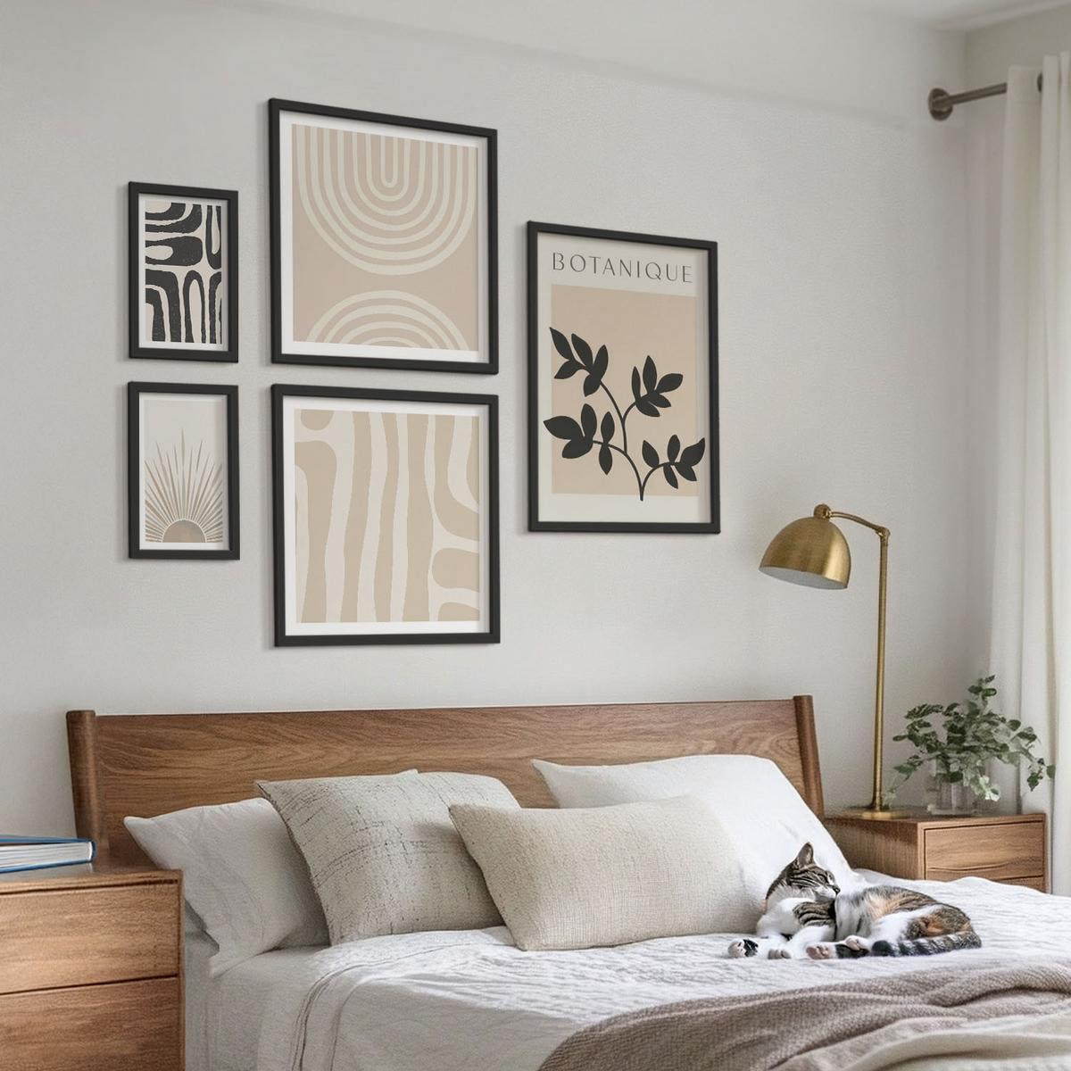 BILDER SET 5er Set - 50x50 cm & 20x30 cm & 40x60 cm Schwarzer Rahmen - Abstrakte Pflanzenmuster - Schwarz, Kunststoff (40/60cm) - TULUP