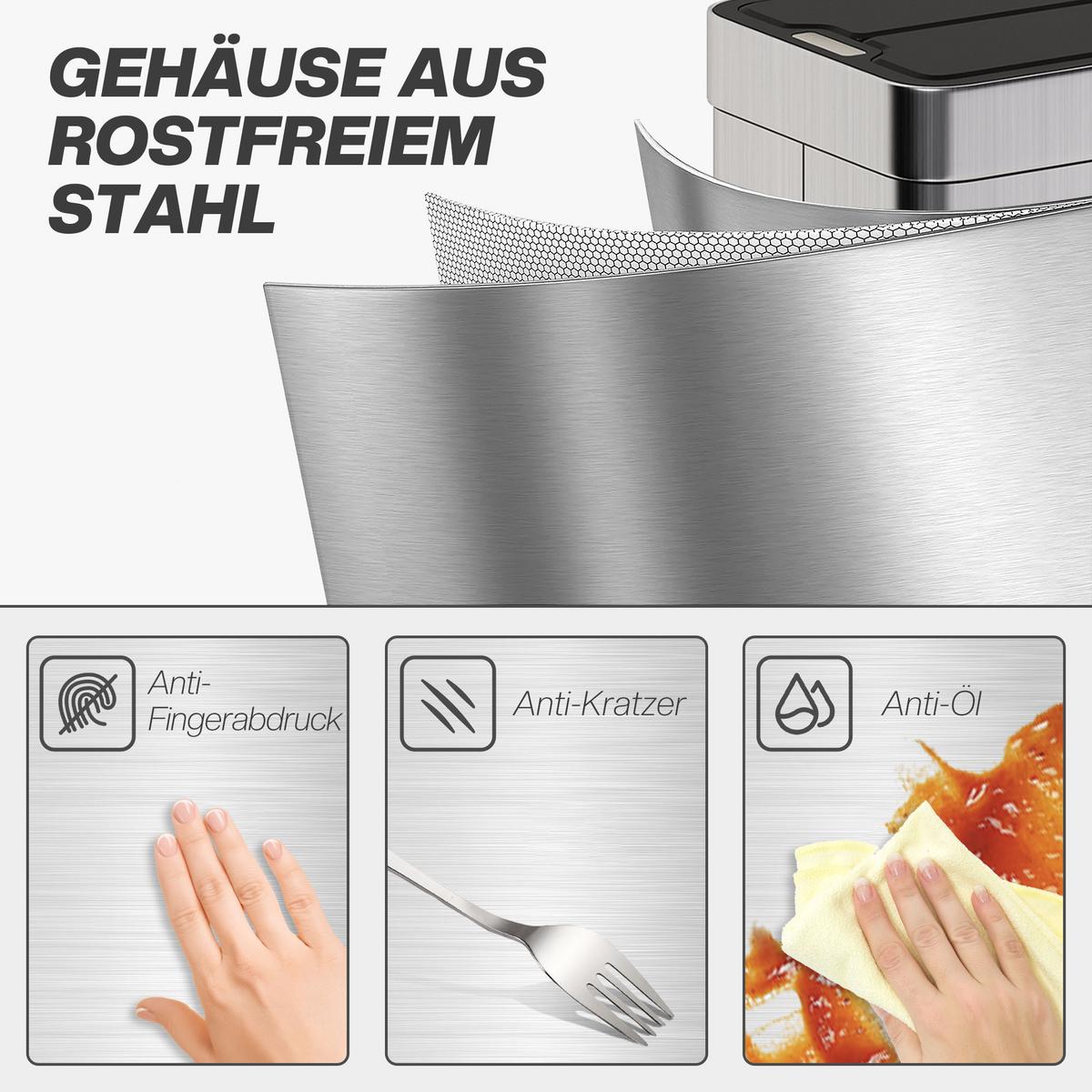 SENSOR Mülleimer 55L Abfalleimer mit Soft-Close-Schmetterlingsdeckel Edelstahl - Silberfarben, Metall (26.5/59/41cm) - HOMCOM