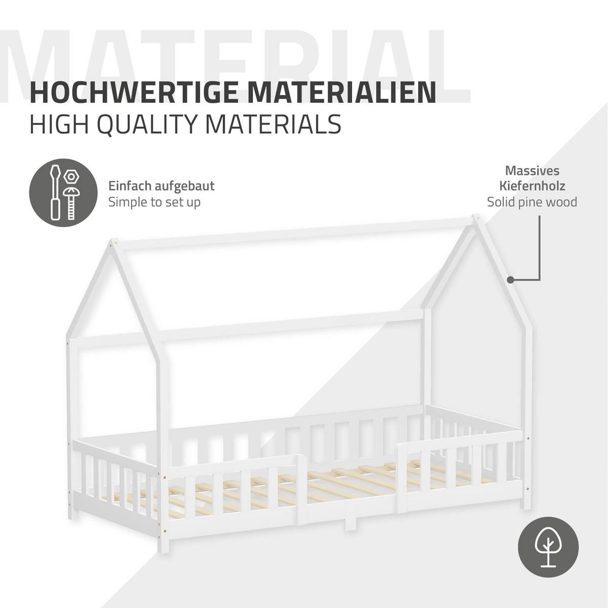 KINDERBETT 90x200 cm mit Rausfallschutz Weiß aus Kiefernholz - Weiß, Holz (90/200cm) - ML-DESIGN