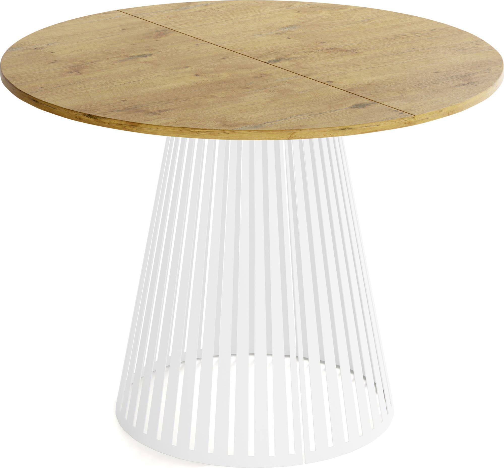 ESSTISCH Naro rund ausziehbar mit Weißem Lamellen-Metallgestell, Braun 120-200/120/76 cm - Eichefarben/Weiß, Holzwerkstoff/Metall (120/196/76cm) - WFL GROUP