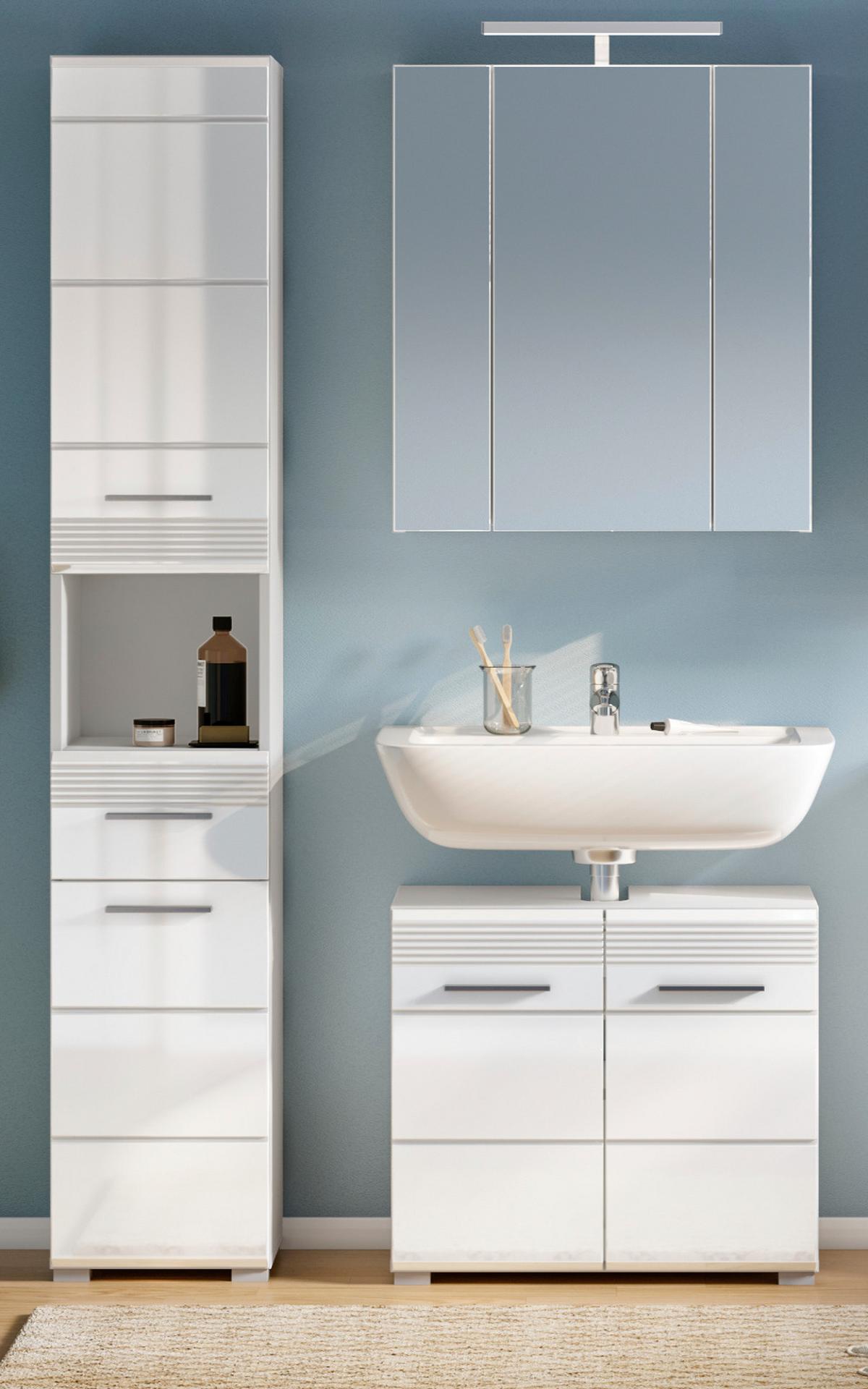 BADMÖBEL-SET weiß Hochglanz, 3-teilig 105 x 182 cm, Badkombination mit Spiegelschrank - Weiß Hochglanz, Glas/Holzwerkstoff (105/182/34cm) - Inn.Furn
