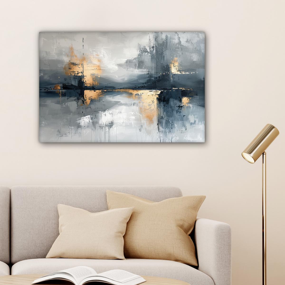 LEINWANDBILD Kunst - Grau - Gold - Abstrakt Wanddeko 90x60 cm - Dunkelgrau, Textil (90/60cm) - MuchoWow