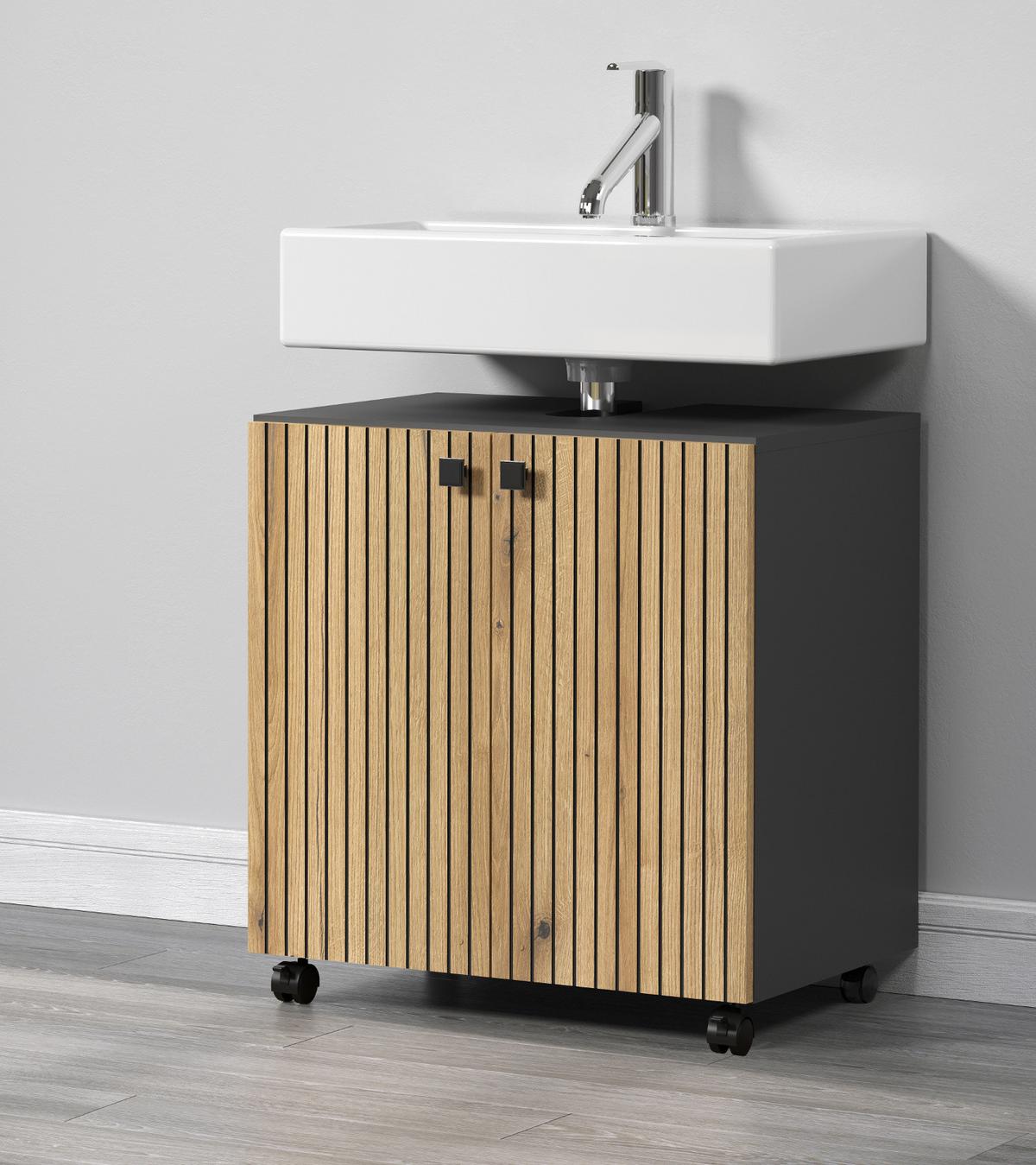 WASCHBECKENUNTERSCHRANK Evoke Eiche, grau 60 cm, Badschrank auf Rollen - Eichefarben/Anthrazit, Holzwerkstoff/Metall (60/64/42cm) - Top.Furn