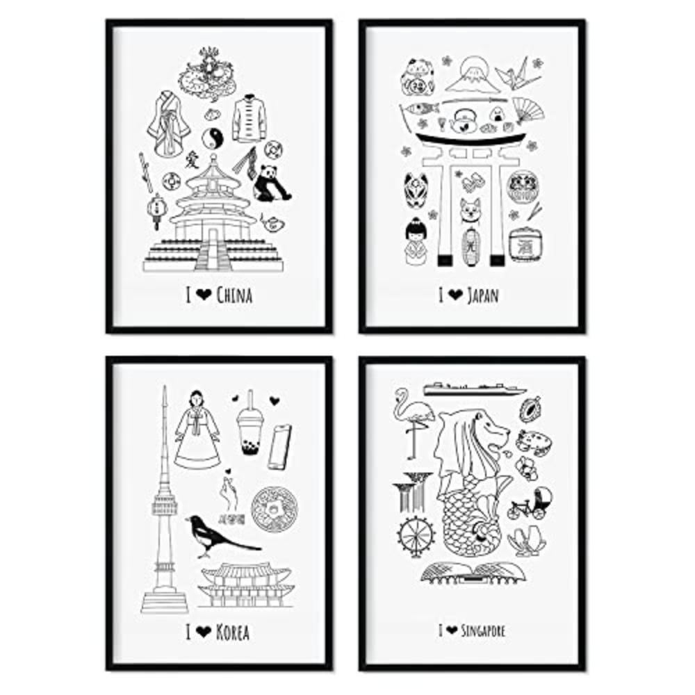POSTER Set mit 4 Plats Asien A4 Schwarzer Rahmen - Schwarz, Papier (29.7/3cm) - Nacnic