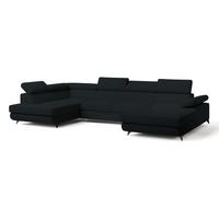 WOHNLANDSCHAFT RUBANO L-S Schwarz Boucle-Stoff mit Schlaffunktion - Schwarz, Holz (339/89/190cm) - MASSENO