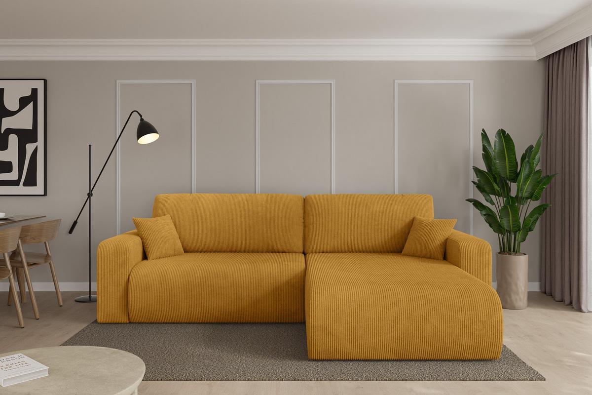 ECKSOFA mit Schlaffunktion Ottomane Rechts BERY-L 276x193x88 Senfgelb Cord - Dunkelgelb/Schwarz, Holzwerkstoff/Kunststoff (276/193cm) - ALTDECOR