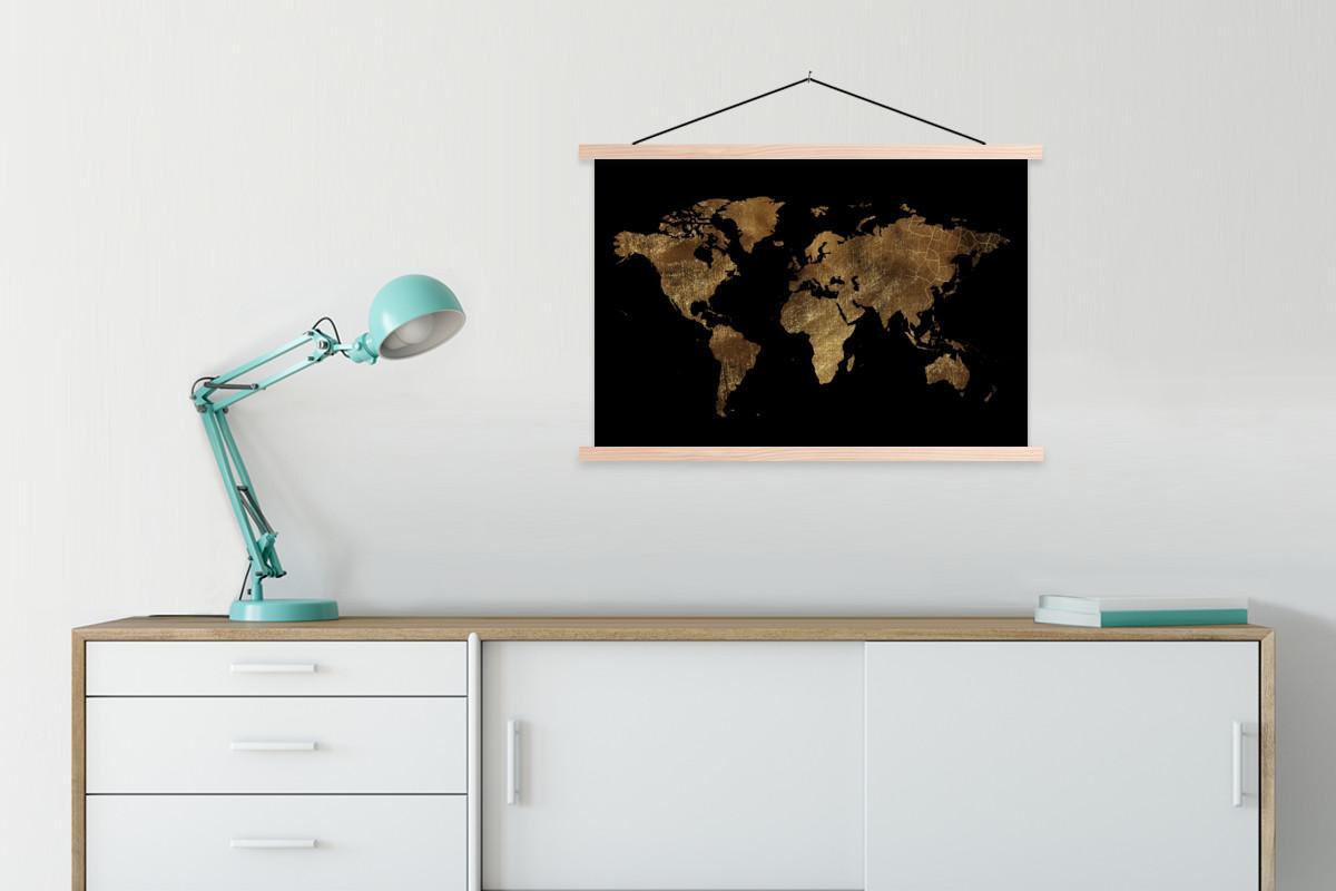 POSTER MIT MAGNETLEISTEN Weltkarte - Gold - Luxus - Erde - Schwarz Wanddeko 90x60 cm - Goldfarben, Textil (90/60/0.15cm) - MuchoWow
