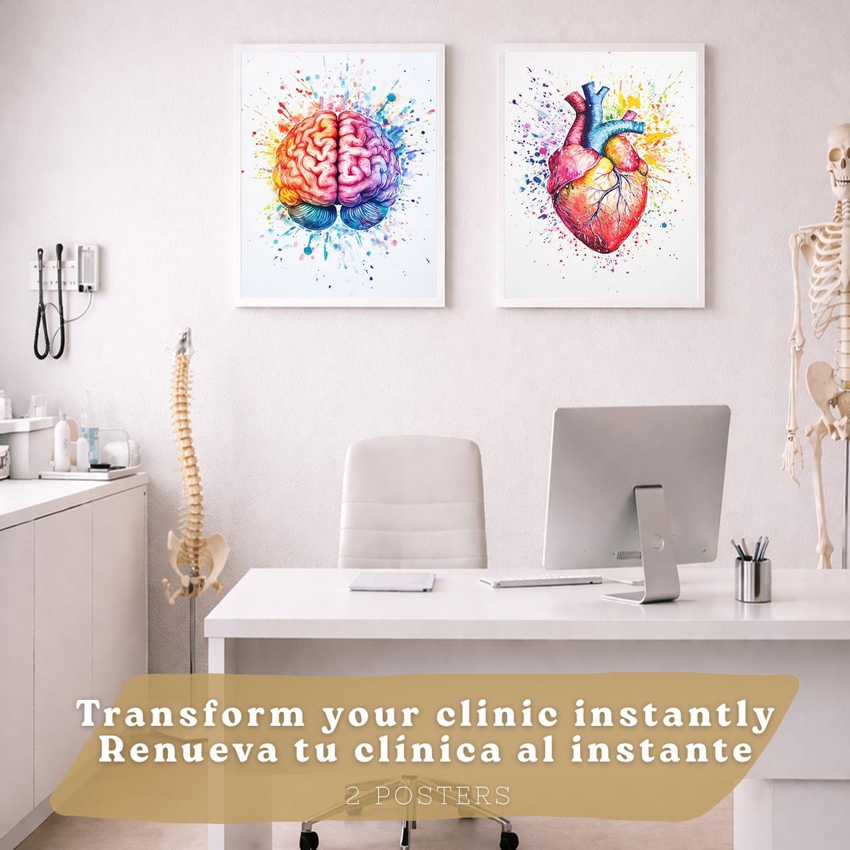 POSTER Set aus 2 Anatomie Drucke und Wandbilder mit Gehirn und Herz Künstlerische Mehrfarbig Aquarell Illustration Größe Weißer Rahmen A3 - Weiß, Papier (29.7/42/3cm) - Nacnic