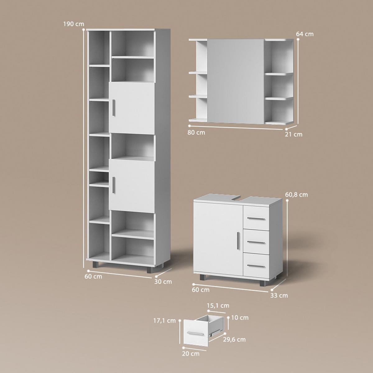 BADMÖBEL-SET Eisak Weiß 3 Teile, mit Hochschrank - Weiß, Holzwerkstoff (60/60/33cm) - Livinity®