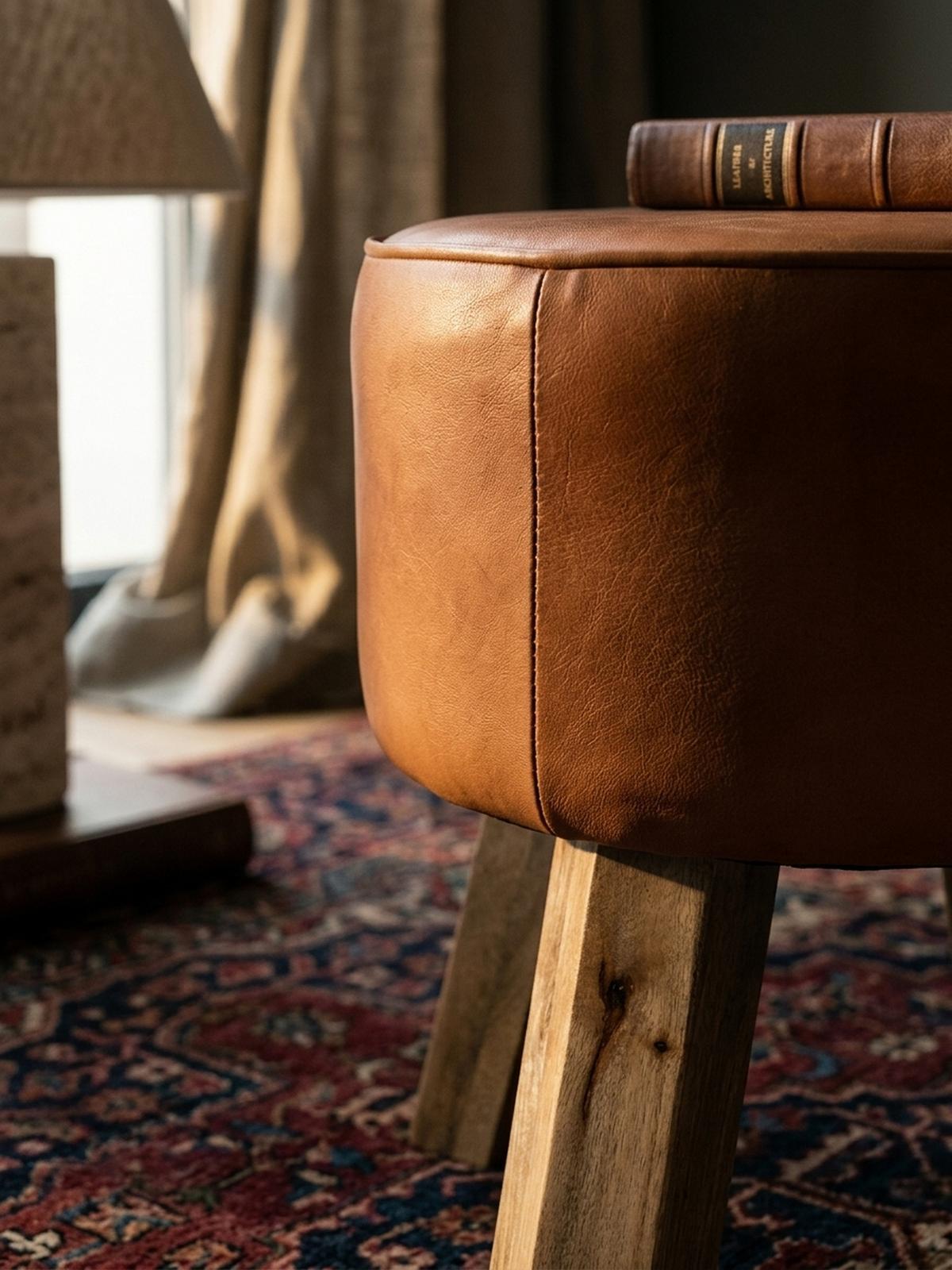 SITZHOCKER – Ziegenleder/Holz, 45 cm, Country-Stil - Braun, Mangoholz/Leder (37/45/37cm) - KADIMA DESIGN