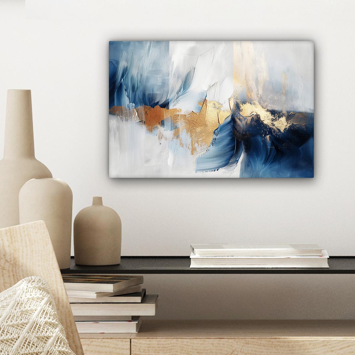 LEINWANDBILD Gold - Blau - Aquarell - Kunst - Modern Deko Schlafzimmer 30x20 cm - Hellblau, Textil (30/20cm) - MuchoWow