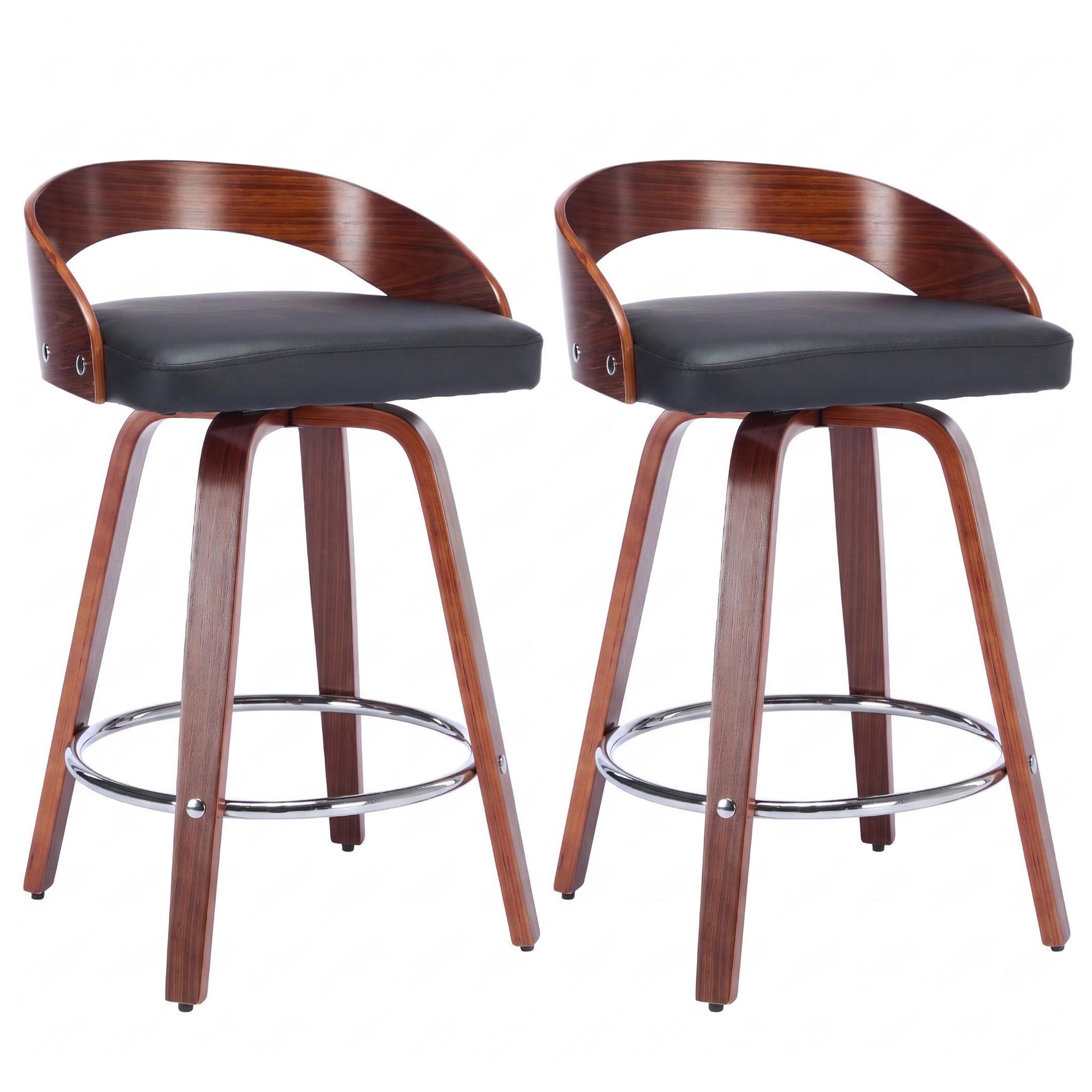 BARHOCKER SET 2 STK. Walnuss Holz Drehbar mit Polstersitz Schwarz - Schwarz, Leder (48/77.5/46.5cm) - Urban Meuble