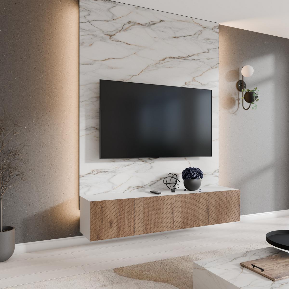 LOWBOARD CAVA 200/41/40 cm, Hängender TV-Schrank Weiß / Eichefarben - Eichefarben/Braun, Holzwerkstoff (200/41/40cm) - MASSENO