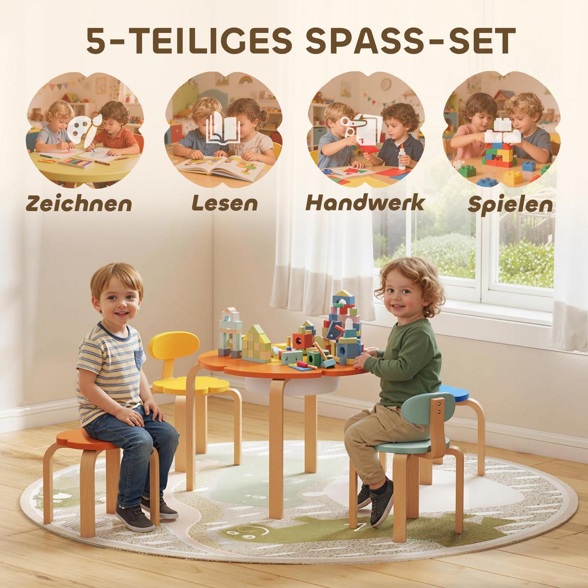 KINDERSITZGRUPPE 5er Set Pappelholz Polyester Mehrfarbig - Multicolor, Holz (69/45/69cm) - AIYAPLAY