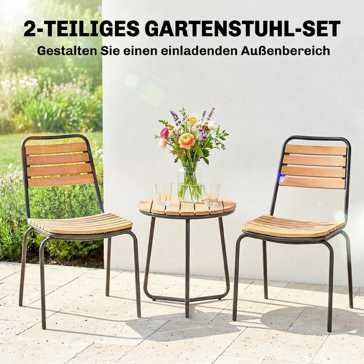 STAPELSTUHL 2er Set Stahl Eukalyptusholz Natur - Eukalyptusholzfarben/Schwarz, Metall (47/81/61cm) - Outsunny