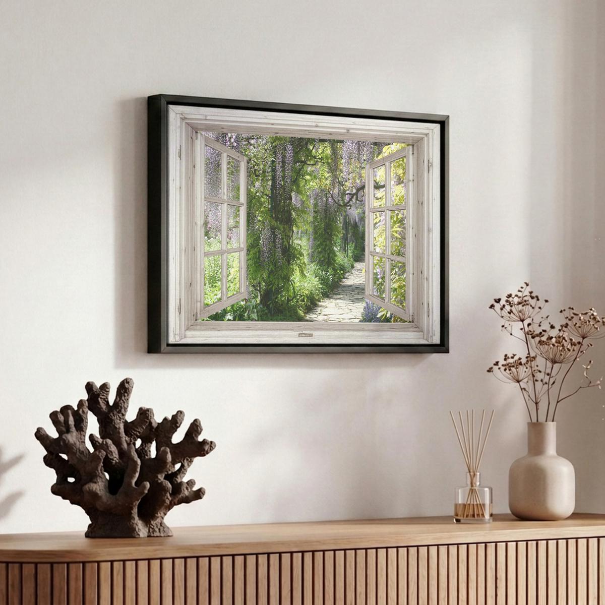 LEINWAND Bilder mit Rahmen - Blauer Regen - Blumen - Aussicht - Baum - Frühling - 30x20 - Grün, Textil (30/20cm) - MuchoWow
